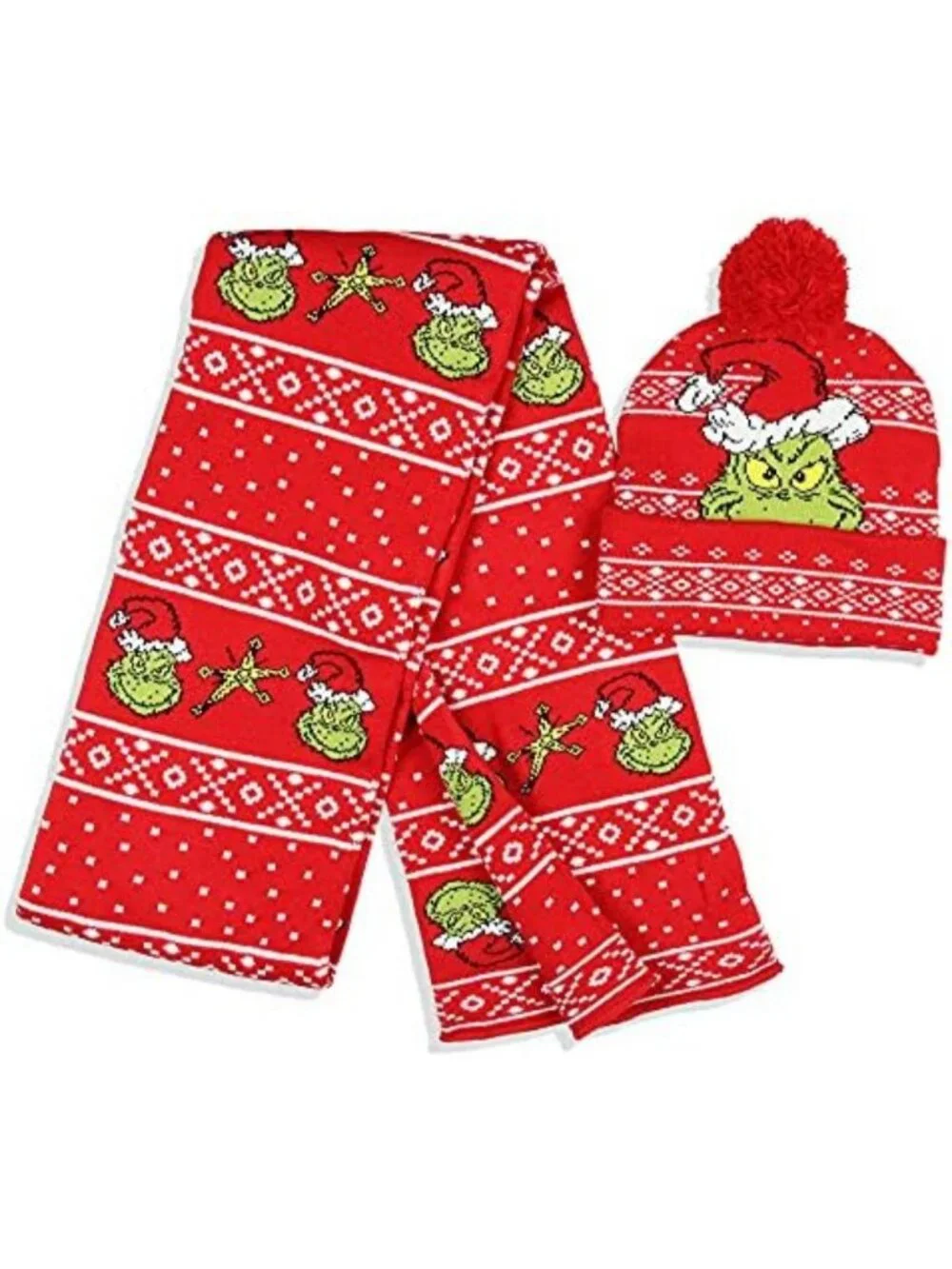 Cozy Knit Scarf & Pom Beanie Set - Festive Holiday Grinch Christmas Accessories